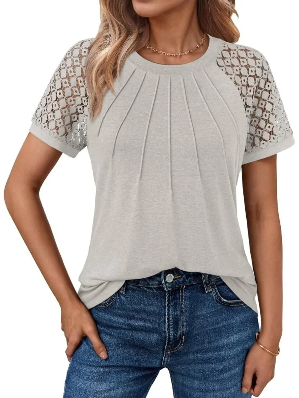Women's Beige Cotton Lace Short Sleeve Soft Business Casual Summer Office Top - Picture 1 of 6